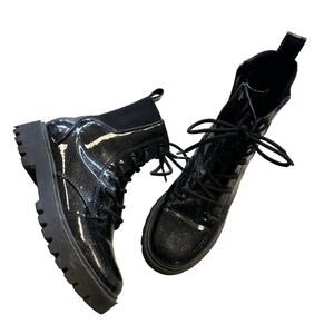Girls Black Shimmer Lace Up Combat Boots with Side Zip Size 4